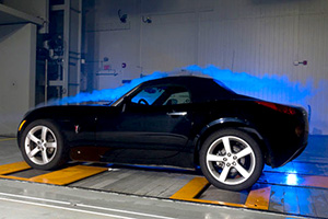 Dynamic test of a vehicle in front of the nozzle of the powerful climatic wind tunnel at UOIT's Automotive Centre of Excellence.